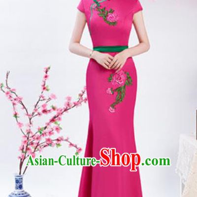Chinese Chorus Embroidered Peony Rosy Qipao Dress Traditional National Compere Cheongsam Costume for Women