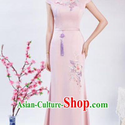 Chinese Chorus Embroidered Peony Pink Qipao Dress Traditional National Compere Cheongsam Costume for Women