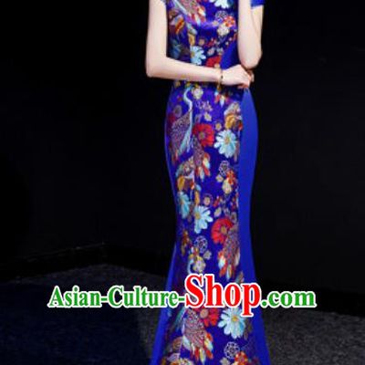 Chinese Chorus Royalblue Mermaid Qipao Dress Traditional National Compere Cheongsam Costume for Women