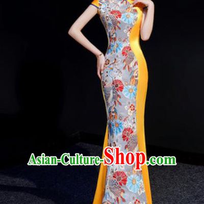 Chinese Chorus Golden Mermaid Qipao Dress Traditional National Compere Cheongsam Costume for Women
