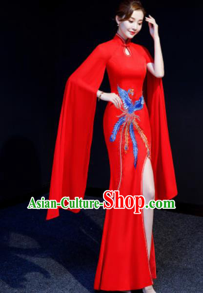 Chinese National Embroidered Phoenix Red Qipao Dress Traditional Compere Cheongsam Costume for Women Chinese National Embroidered Phoenix Red Qipao Dress Traditional Compere Cheongsam Costume for Women