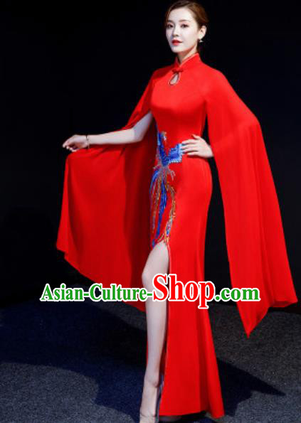 Chinese National Embroidered Phoenix Red Qipao Dress Traditional Compere Cheongsam Costume for Women Chinese National Embroidered Phoenix Red Qipao Dress Traditional Compere Cheongsam Costume for Women