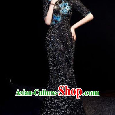 Chinese National Black Sequins Qipao Dress Traditional Compere Cheongsam Costume for Women