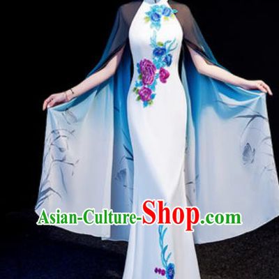 Chinese National Embroidered Peony White Qipao Dress Traditional Compere Cheongsam Costume for Women
