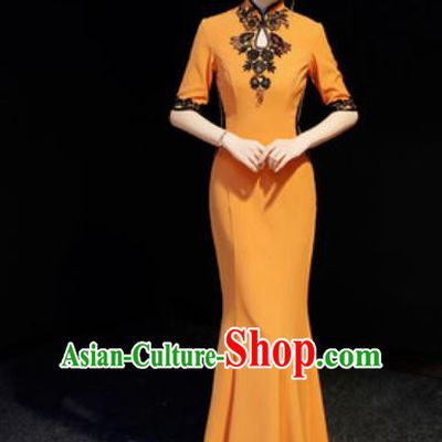 Chinese National Orange Trailing Qipao Dress Traditional Compere Cheongsam Costume for Women