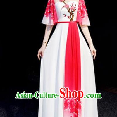 Chinese National Embroidered Plum White Qipao Dress Traditional Compere Cheongsam Costume for Women