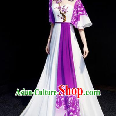 Chinese National Embroidered Plum Purple Qipao Dress Traditional Compere Cheongsam Costume for Women