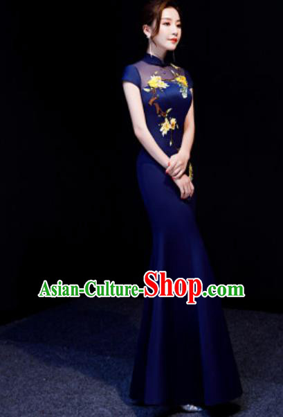 Chinese National Embroidered Navy Qipao Dress Traditional Compere Cheongsam Costume for Women Chinese National Embroidered Navy Qipao Dress Traditional Compere Cheongsam Costume for Women