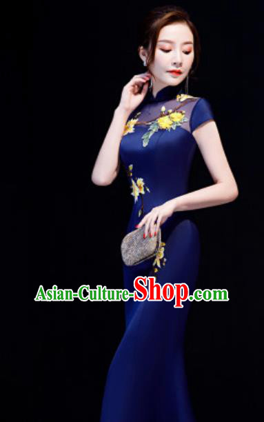 Chinese National Embroidered Navy Qipao Dress Traditional Compere Cheongsam Costume for Women Chinese National Embroidered Navy Qipao Dress Traditional Compere Cheongsam Costume for Women