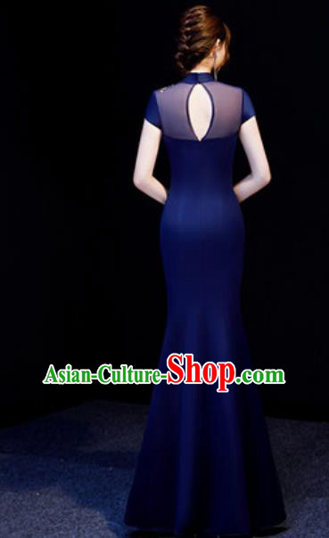 Chinese National Embroidered Navy Qipao Dress Traditional Compere Cheongsam Costume for Women Chinese National Embroidered Navy Qipao Dress Traditional Compere Cheongsam Costume for Women