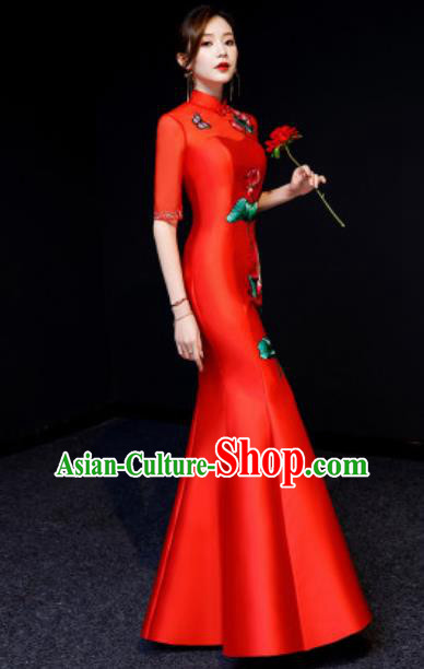 Chinese National Embroidered Lotus Red Qipao Dress Traditional Compere Cheongsam Costume for Women Chinese National Embroidered Lotus Red Qipao Dress Traditional Compere Cheongsam Costume for Women