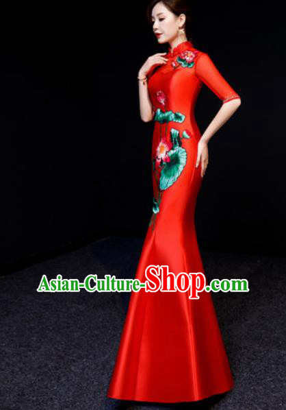 Chinese National Embroidered Lotus Red Qipao Dress Traditional Compere Cheongsam Costume for Women Chinese National Embroidered Lotus Red Qipao Dress Traditional Compere Cheongsam Costume for Women