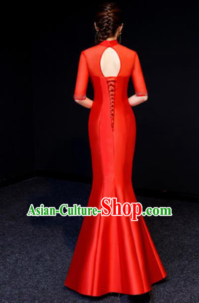 Chinese National Embroidered Lotus Red Qipao Dress Traditional Compere Cheongsam Costume for Women Chinese National Embroidered Lotus Red Qipao Dress Traditional Compere Cheongsam Costume for Women