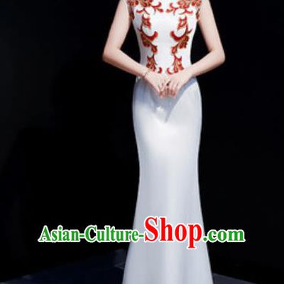 Chinese Traditional Embroidered White Qipao Dress Compere Cheongsam Costume for Women