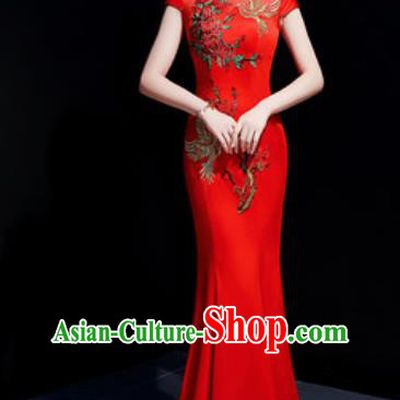 Chinese Traditional Embroidered Peony Red Qipao Dress Compere Cheongsam Costume for Women