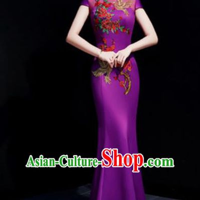 Chinese Traditional Embroidered Peony Purple Qipao Dress Compere Cheongsam Costume for Women