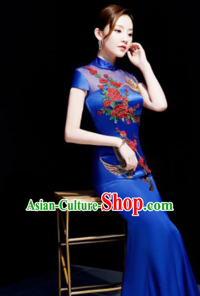 Chinese Traditional Embroidered Peony Royalblue Qipao Dress Compere Cheongsam Costume for Women Chinese Traditional Embroidered Peony Royalblue Qipao Dress Compere Cheongsam Costume for Women