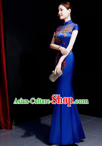 Chinese Traditional Embroidered Peony Royalblue Qipao Dress Compere Cheongsam Costume for Women Chinese Traditional Embroidered Peony Royalblue Qipao Dress Compere Cheongsam Costume for Women