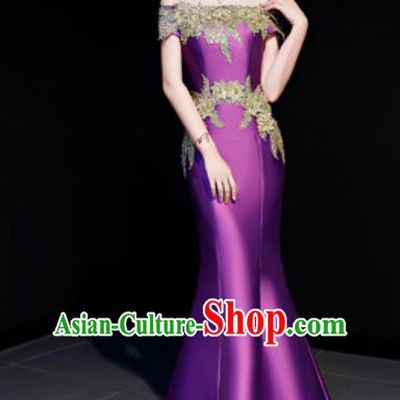 Top Compere Catwalks Embroidered Purple Full Dress Evening Party Costume for Women