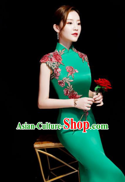 Chinese Traditional Embroidered Rose Green Qipao Dress Compere Cheongsam Costume for Women Chinese Traditional Embroidered Rose Green Qipao Dress Compere Cheongsam Costume for Women