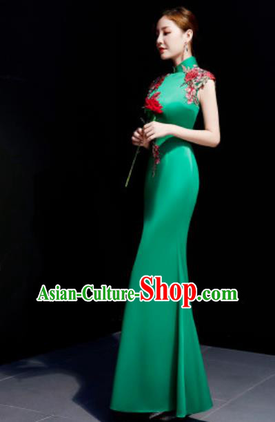 Chinese Traditional Embroidered Rose Green Qipao Dress Compere Cheongsam Costume for Women Chinese Traditional Embroidered Rose Green Qipao Dress Compere Cheongsam Costume for Women