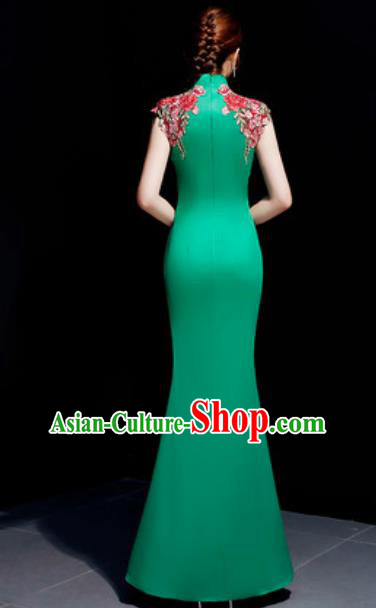 Chinese Traditional Embroidered Rose Green Qipao Dress Compere Cheongsam Costume for Women Chinese Traditional Embroidered Rose Green Qipao Dress Compere Cheongsam Costume for Women