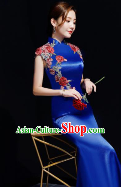 Chinese Traditional Embroidered Rose Royalblue Qipao Dress Compere Cheongsam Costume for Women Chinese Traditional Embroidered Rose Royalblue Qipao Dress Compere Cheongsam Costume for Women