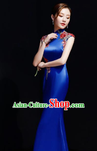 Chinese Traditional Embroidered Rose Royalblue Qipao Dress Compere Cheongsam Costume for Women Chinese Traditional Embroidered Rose Royalblue Qipao Dress Compere Cheongsam Costume for Women