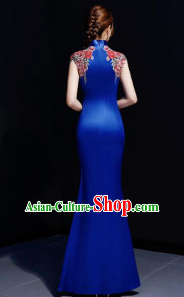 Chinese Traditional Embroidered Rose Royalblue Qipao Dress Compere Cheongsam Costume for Women Chinese Traditional Embroidered Rose Royalblue Qipao Dress Compere Cheongsam Costume for Women