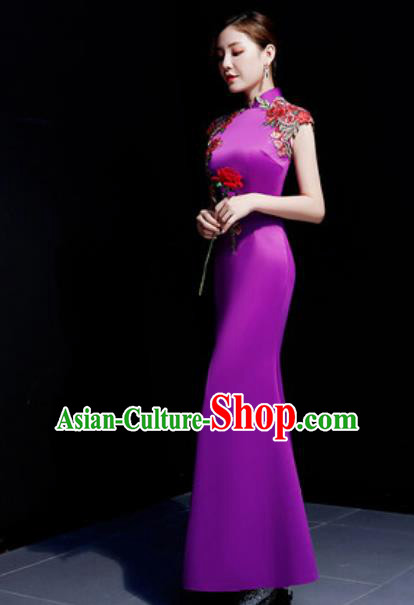 Chinese Traditional Embroidered Rose Purple Qipao Dress Compere Cheongsam Costume for Women Chinese Traditional Embroidered Rose Purple Qipao Dress Compere Cheongsam Costume for Women