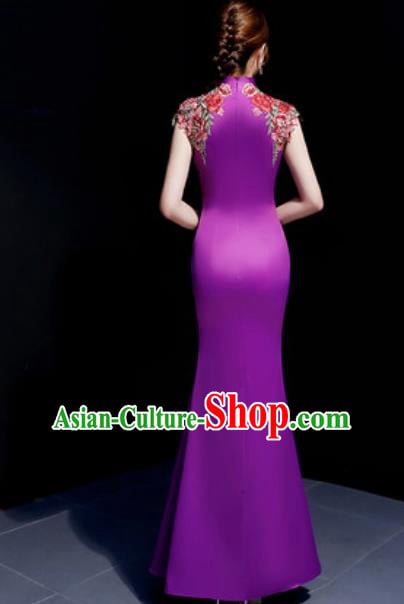Chinese Traditional Embroidered Rose Purple Qipao Dress Compere Cheongsam Costume for Women Chinese Traditional Embroidered Rose Purple Qipao Dress Compere Cheongsam Costume for Women