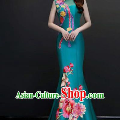 Chinese Traditional Chorus Embroidered Peacock Green Full Dress Compere Cheongsam Costume for Women