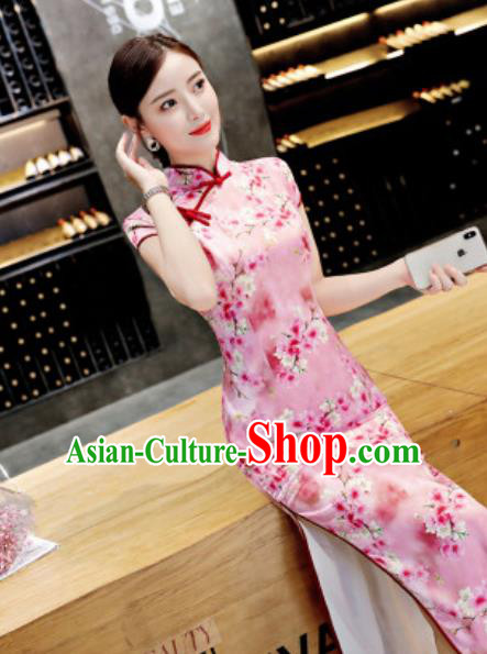 Chinese Traditional Printing Peach Blossom Pink Qipao Dress Compere Cheongsam Costume for Women Chinese Traditional Printing Peach Blossom Pink Qipao Dress Compere Cheongsam Costume for Women
