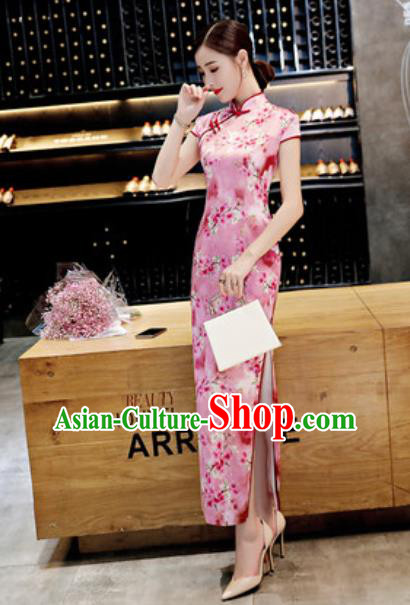 Chinese Traditional Printing Peach Blossom Pink Qipao Dress Compere Cheongsam Costume for Women Chinese Traditional Printing Peach Blossom Pink Qipao Dress Compere Cheongsam Costume for Women