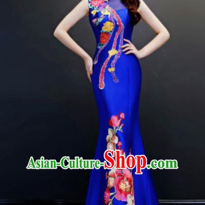 Chinese Traditional Embroidered Fishtail Royalblue Dress Compere Cheongsam Costume for Women