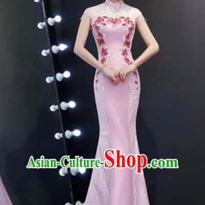 Chinese Traditional Embroidered Fishtail Pink Dress Compere Cheongsam Costume for Women
