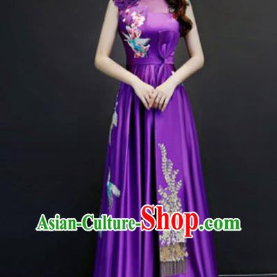 Chinese Traditional Embroidered Purple Dress Compere Cheongsam Costume for Women