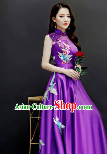 Chinese Traditional Embroidered Purple Dress Compere Cheongsam Costume for Women Chinese Traditional Embroidered Purple Dress Compere Cheongsam Costume for Women