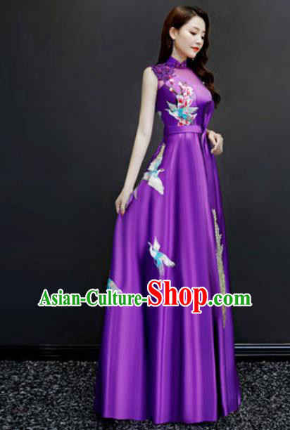 Chinese Traditional Embroidered Purple Dress Compere Cheongsam Costume for Women Chinese Traditional Embroidered Purple Dress Compere Cheongsam Costume for Women