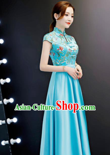 Chinese Traditional Blue Qipao Dress Compere Cheongsam Costume for Women Chinese Traditional Blue Qipao Dress Compere Cheongsam Costume for Women