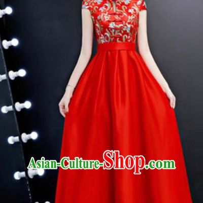 Chinese Traditional Red Qipao Dress Compere Cheongsam Costume for Women