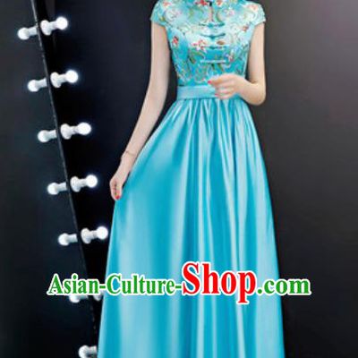 Chinese Traditional Blue Qipao Dress Compere Cheongsam Costume for Women