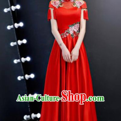 Top Compere Catwalks Embroidered Peony Red Full Dress Evening Party Costume for Women