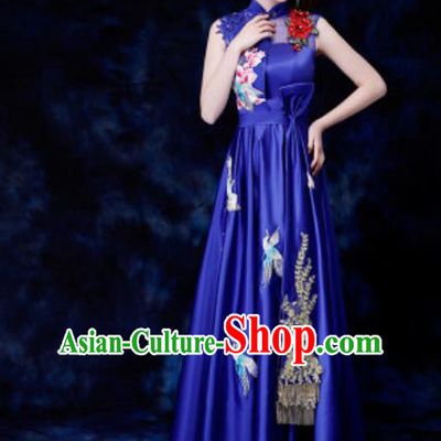 Chinese Traditional Chorus Royalblue Qipao Dress Compere Cheongsam Costume for Women