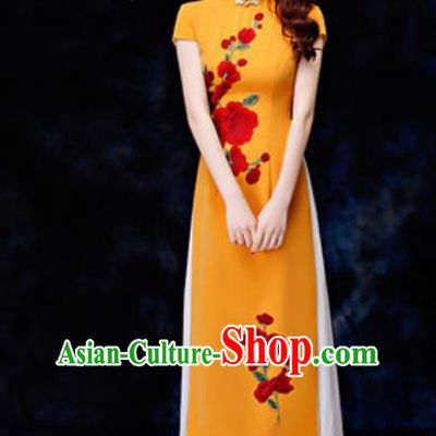 Chinese Traditional Printing Yellow Qipao Dress Compere Cheongsam Costume for Women