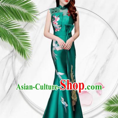 Chinese Traditional Embroidered Birds Green Qipao Dress Compere Cheongsam Costume for Women