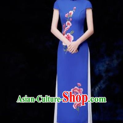 Chinese Traditional Embroidered Royalblue Qipao Dress Compere Cheongsam Costume for Women