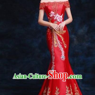 Top Compere Catwalks Embroidered Mangnolia Red Full Dress Evening Party Compere Costume for Women