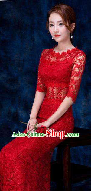 Top Compere Catwalks Red Lace Full Dress Evening Party Compere Costume for Women Top Compere Catwalks Red Lace Full Dress Evening Party Compere Costume for Women