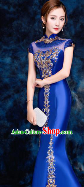Chinese Traditional Embroidered Sequins Royalblue Qipao Dress Compere Cheongsam Costume for Women Chinese Traditional Embroidered Sequins Royalblue Qipao Dress Compere Cheongsam Costume for Women